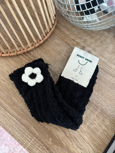 Fuzzy Floral Crew Socks | Black