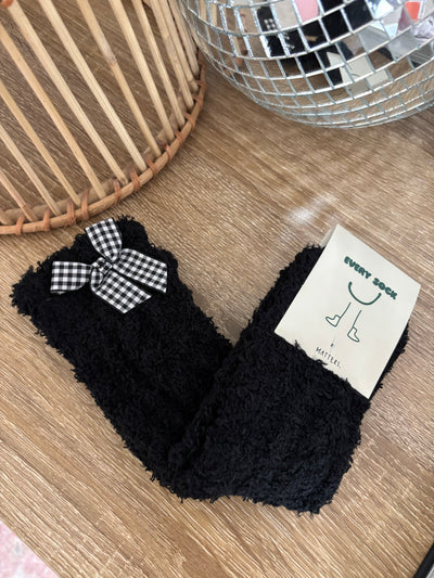 Fuzzy Gingham Bow Crew Socks | Black