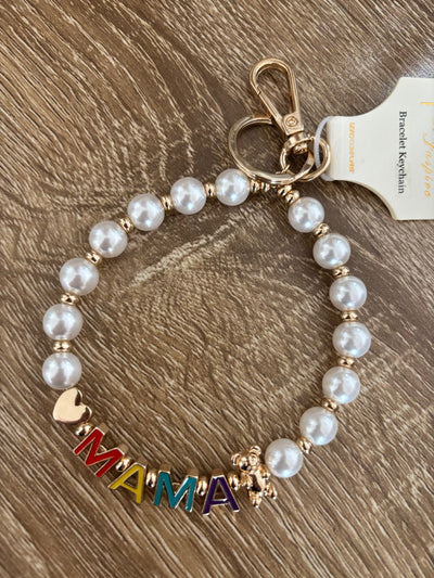 Mama Bear Bead Keychain Bracelets | White