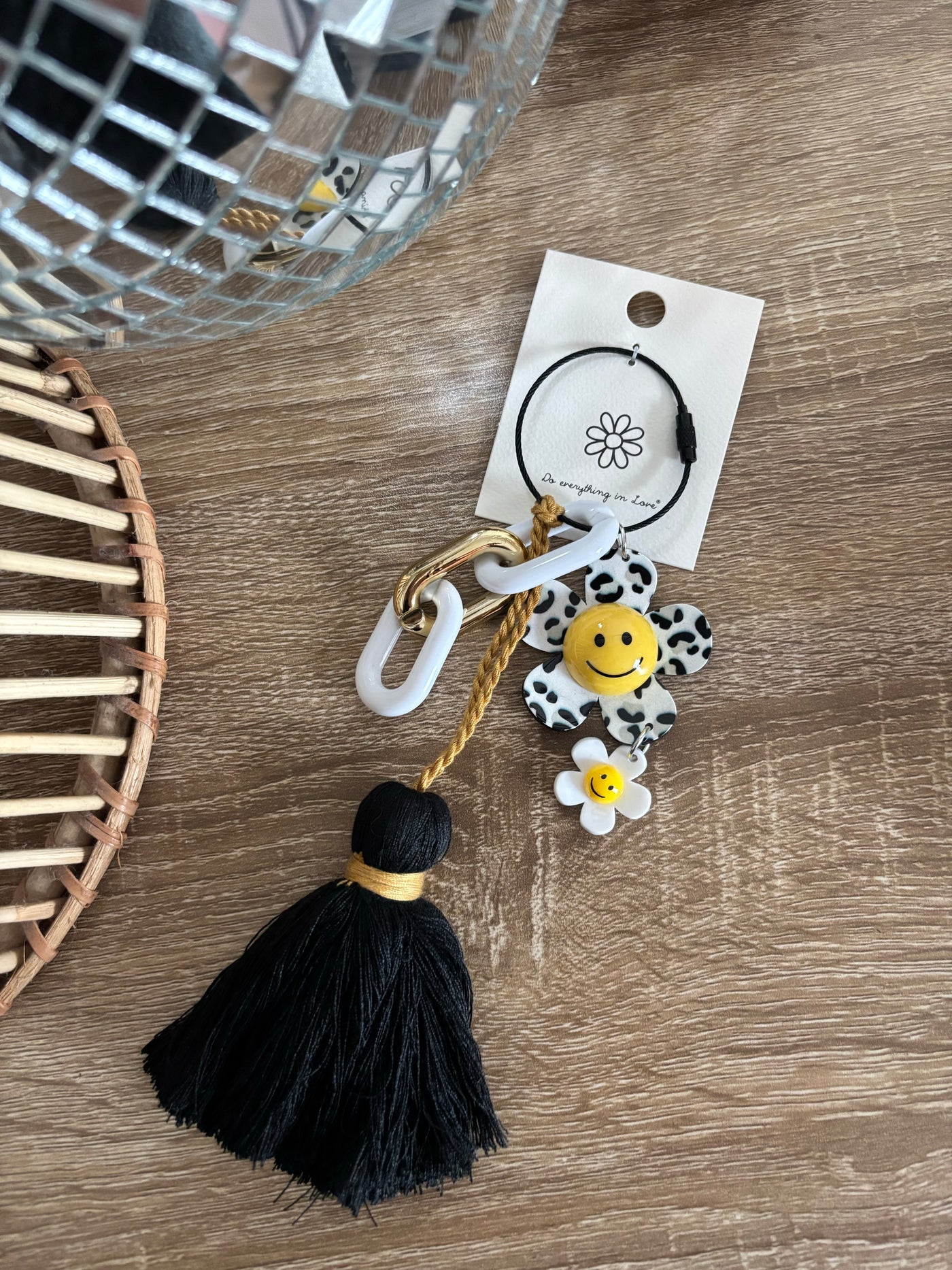 Leopard Happy Face Flower Tassel Keyring | Black