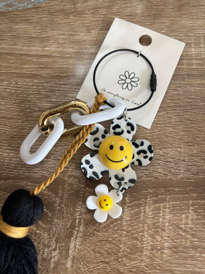 Leopard Happy Face Flower Tassel Keyring | Black for Women