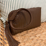 Woven Fringe Cuff Handle Clutch | Brown