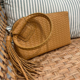 Woven Fringe Cuff Handle Clutch | Tan