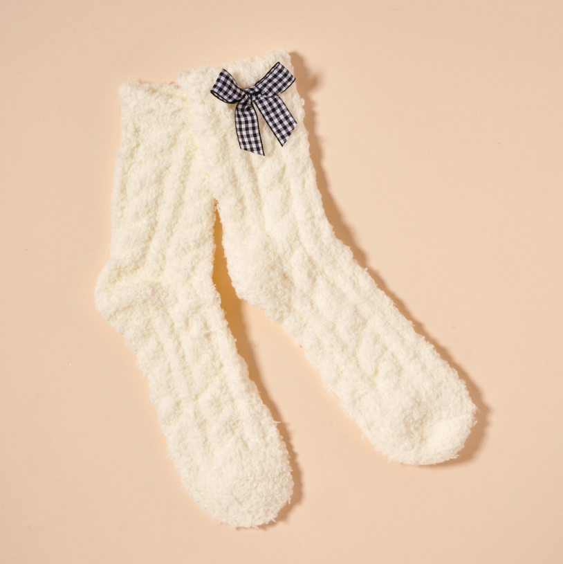 Fuzzy Gingham Bow Crew Socks