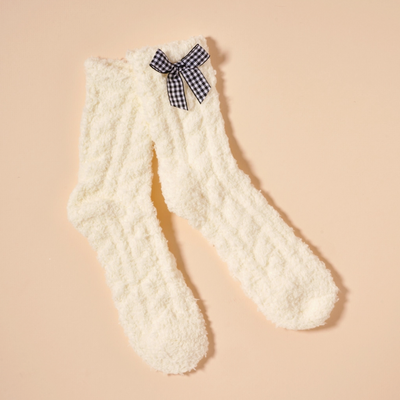 Fuzzy Gingham Bow Crew Socks