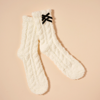 Fuzzy Double Bow Crew Socks | Creamy White