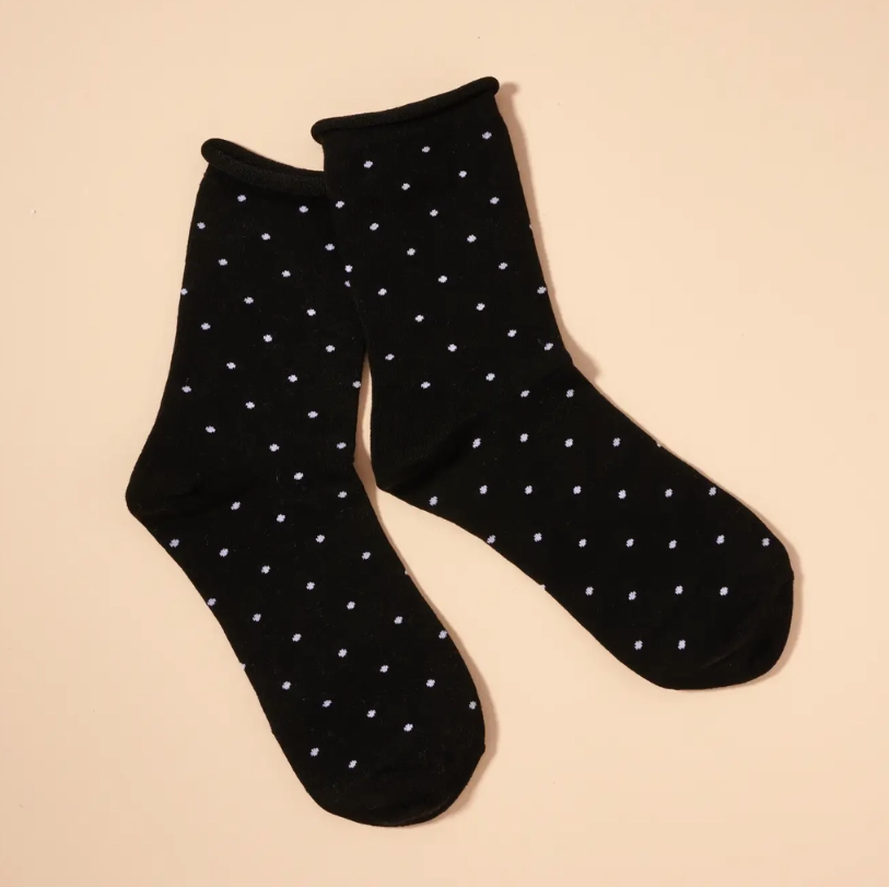 Polka Dot Raw Hem Calf Socks | Black