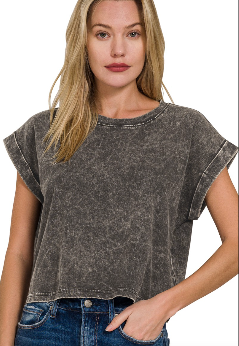 Mineral Wash Cuff Sleeve Top | Ash Black
