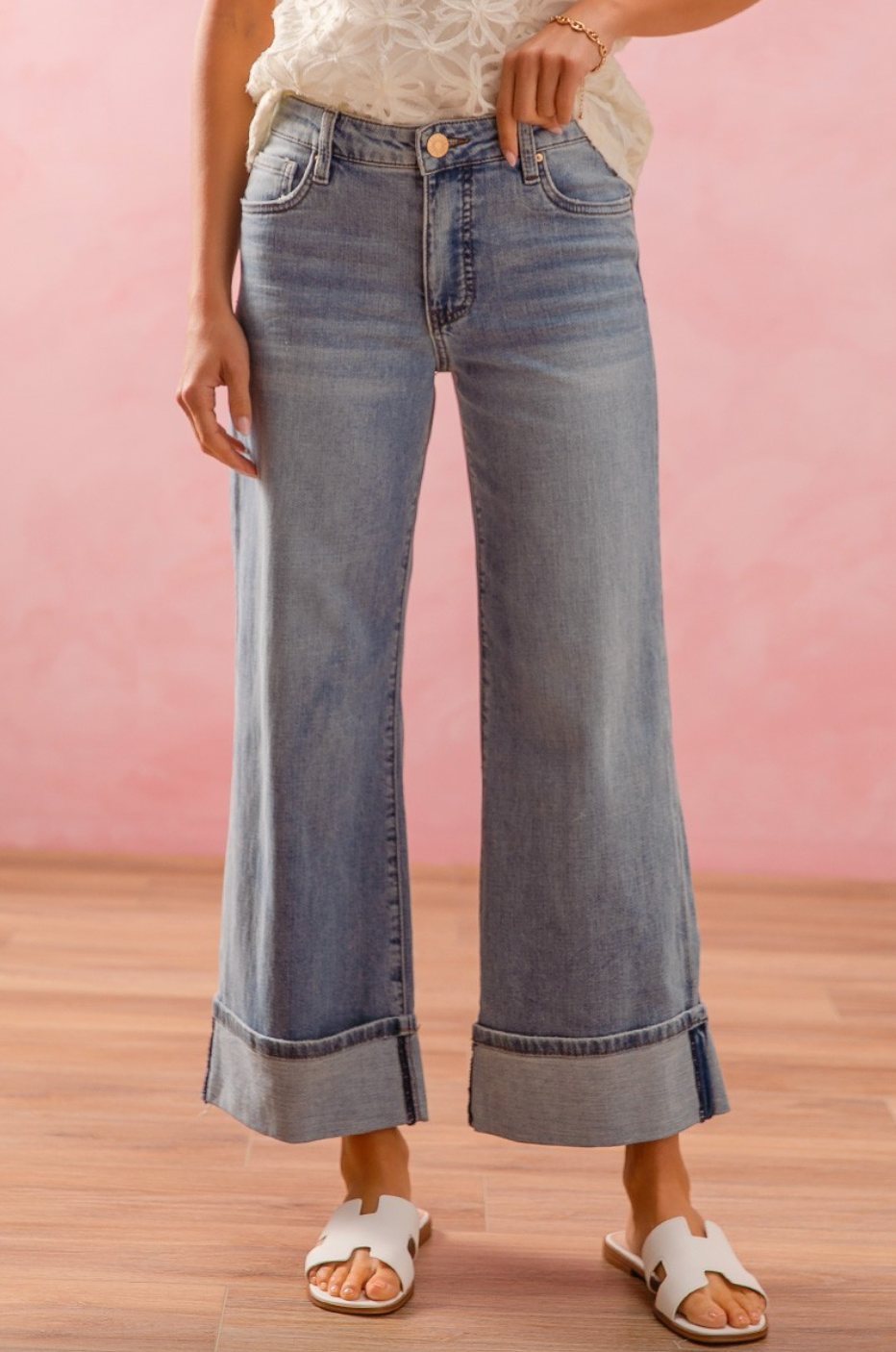 Straight Leg Mid Rise Jeans With Roll Up Hem