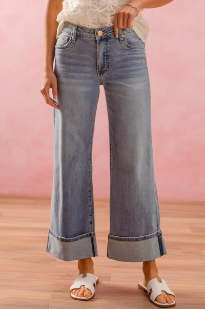 Straight Leg Mid Rise Jeans With Roll Up Hem
