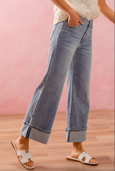 Straight Leg Mid Rise Jeans With Roll Up Hem