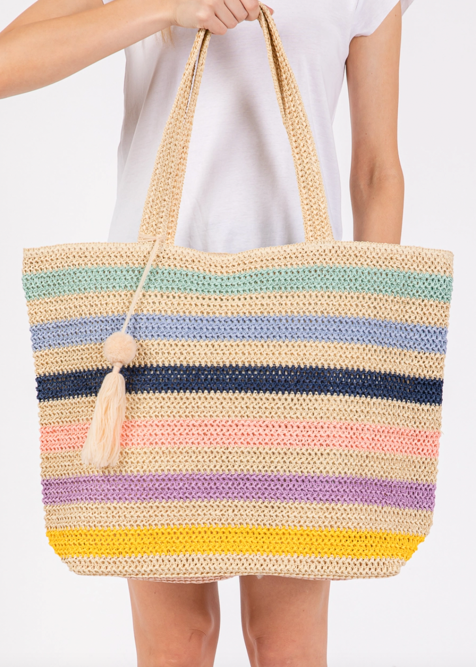 Striped Crochet Women's Tote Bag with Tassel