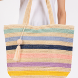 Striped Crochet Women's Tote Bag with Tassel