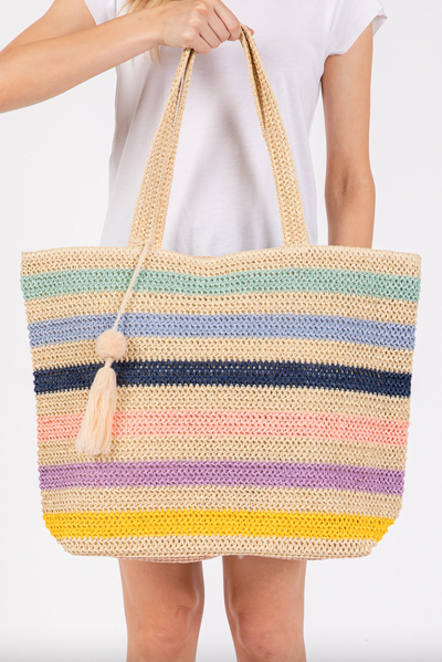 Striped Crochet Women's Tote Bag with Tassel