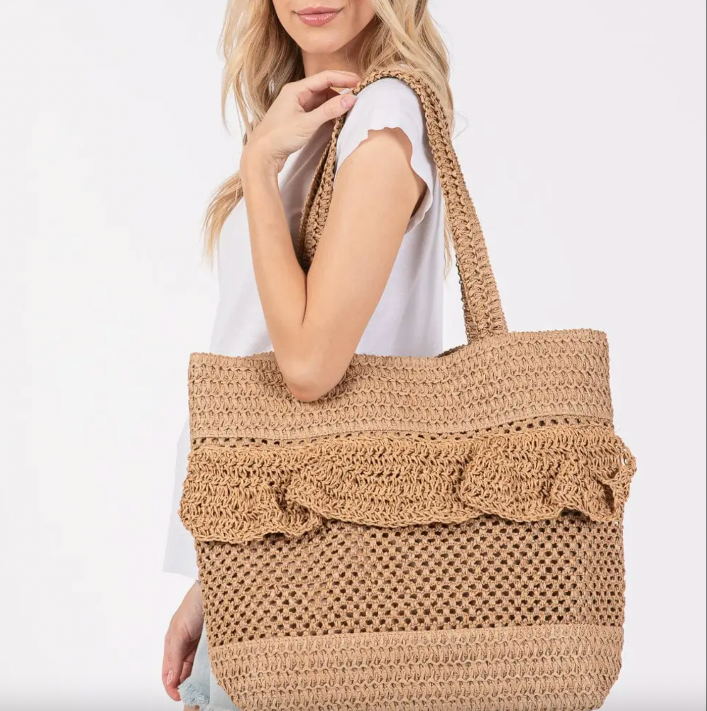 Ruffle Detail Crochet Straw Tote Bag