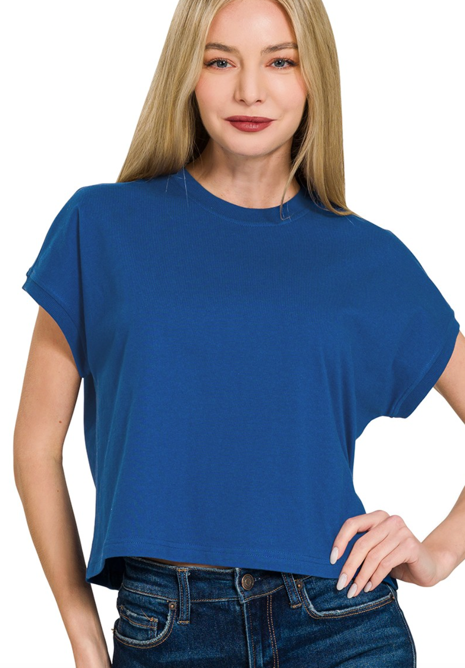 Premium Cotton Relaxed Crop Tee | Navy