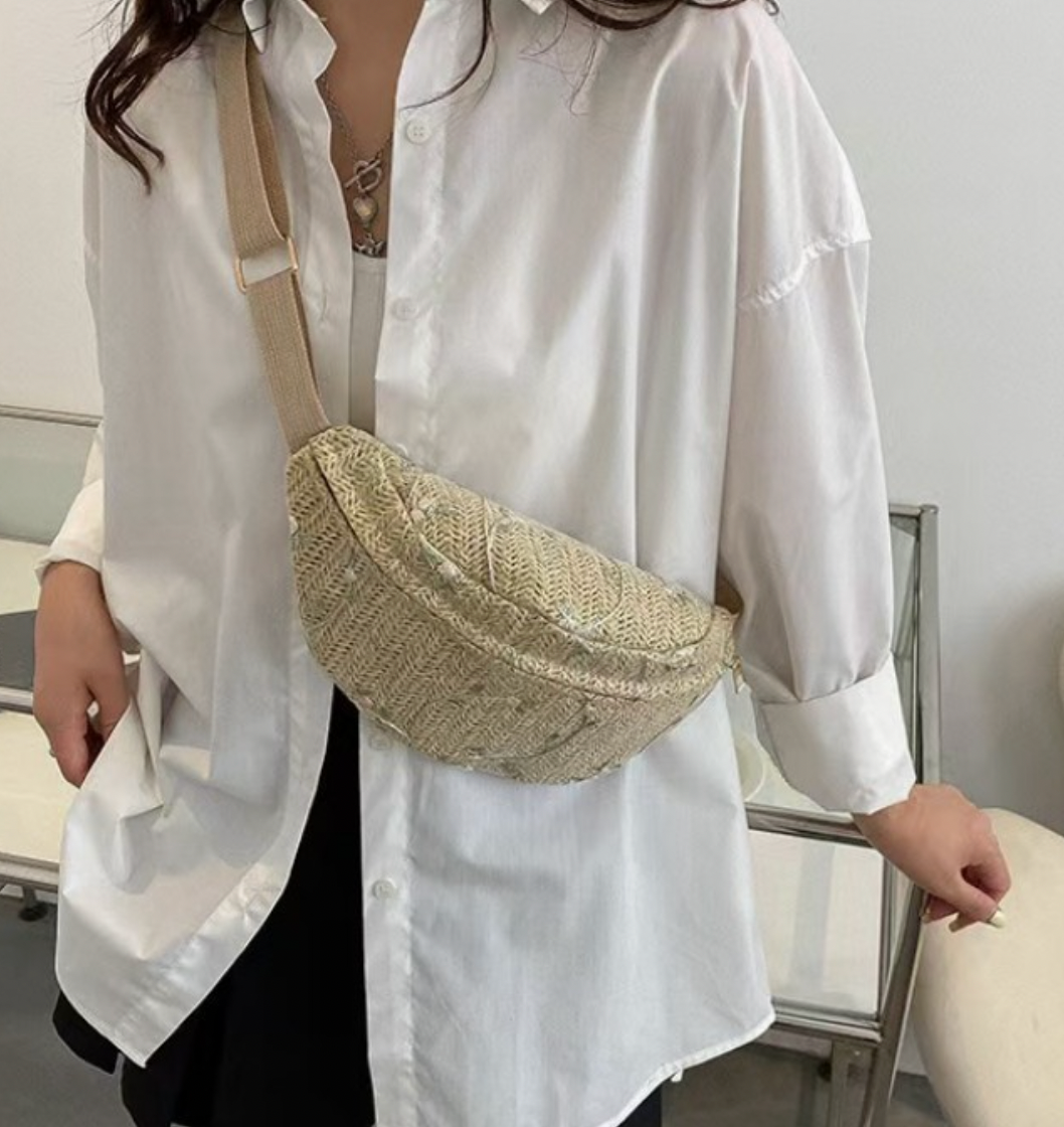 Raffia Straw Crossbody Belt Bag | Tan