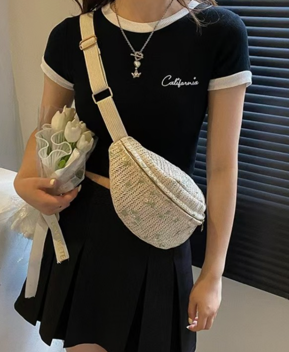 Raffia Straw Crossbody Belt Bag | Beige