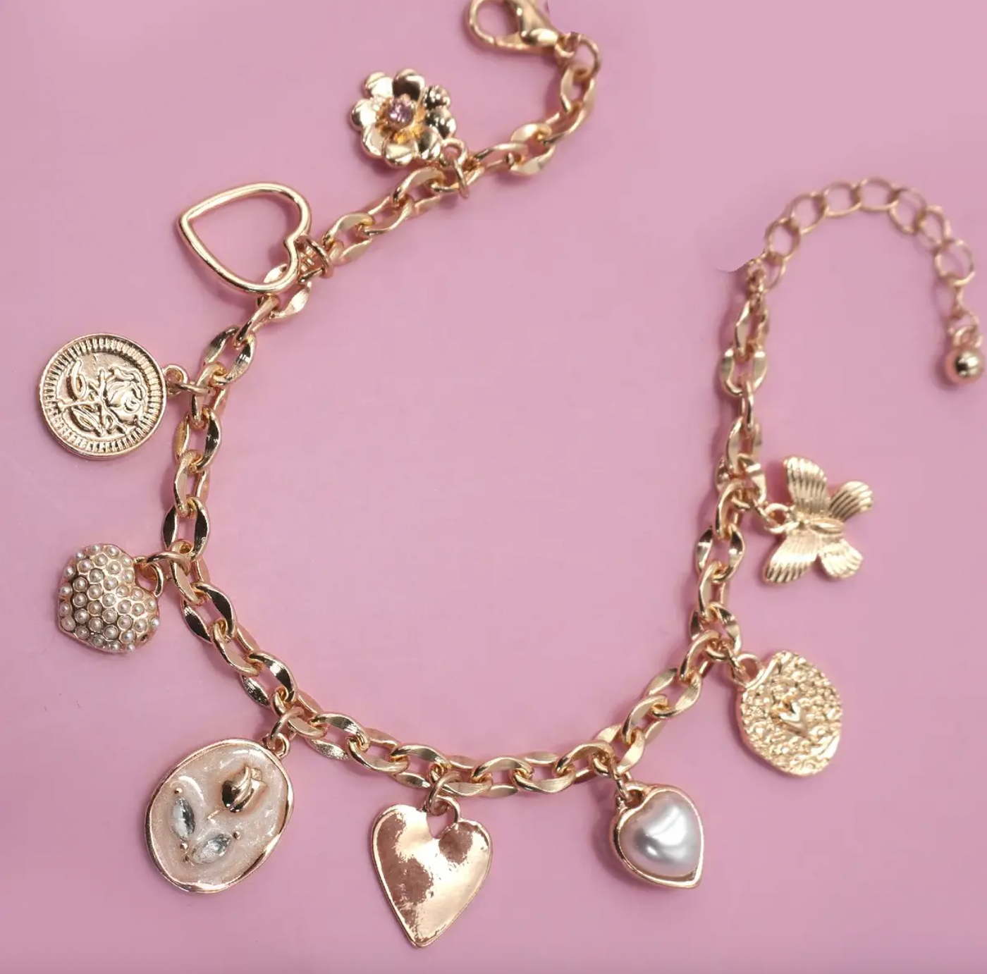 Enamel Flower Heart Charm Bracelet