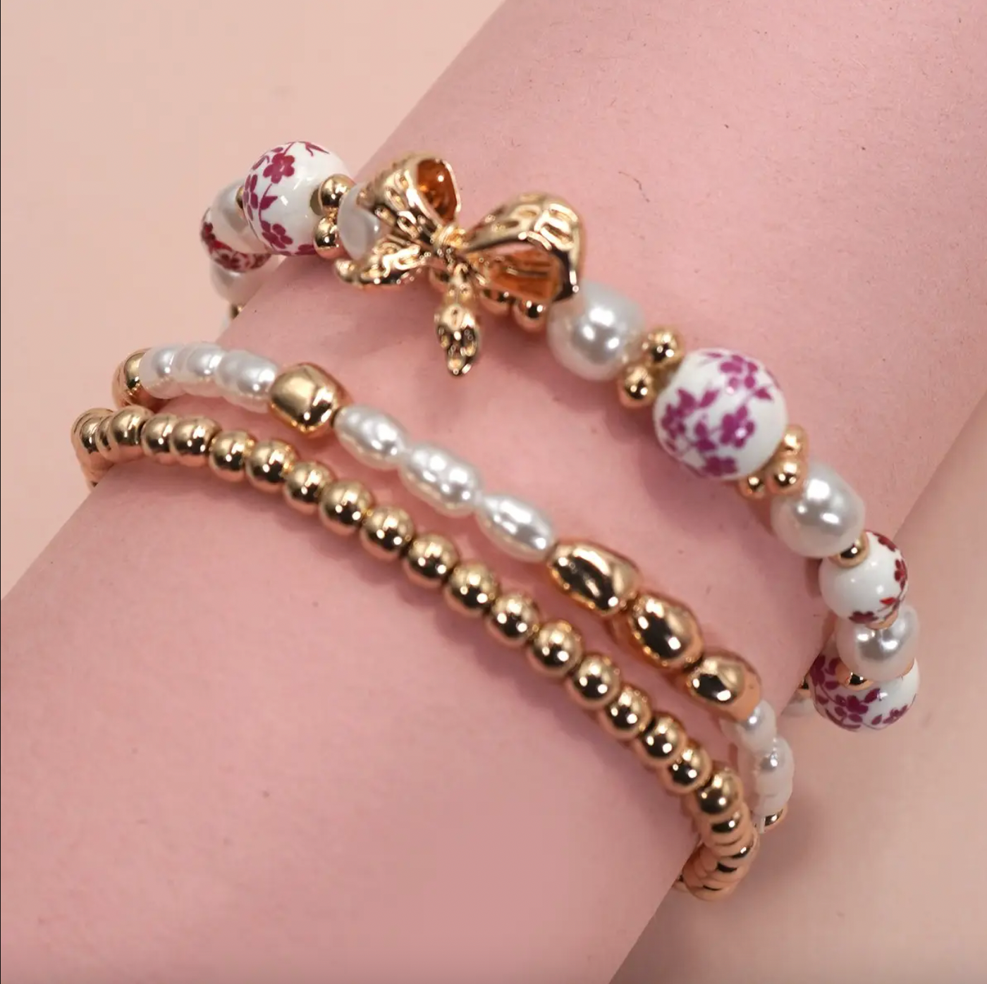 Pink Ceramic Porcelain Bow Multi Layer Bracelet