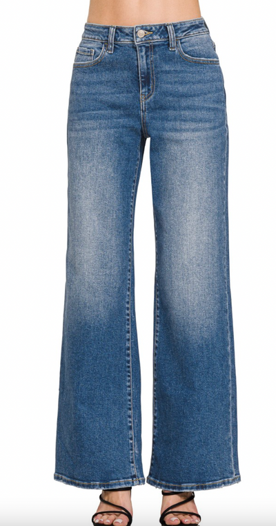 High Waist Straight Leg Medium Wash Denim Pants