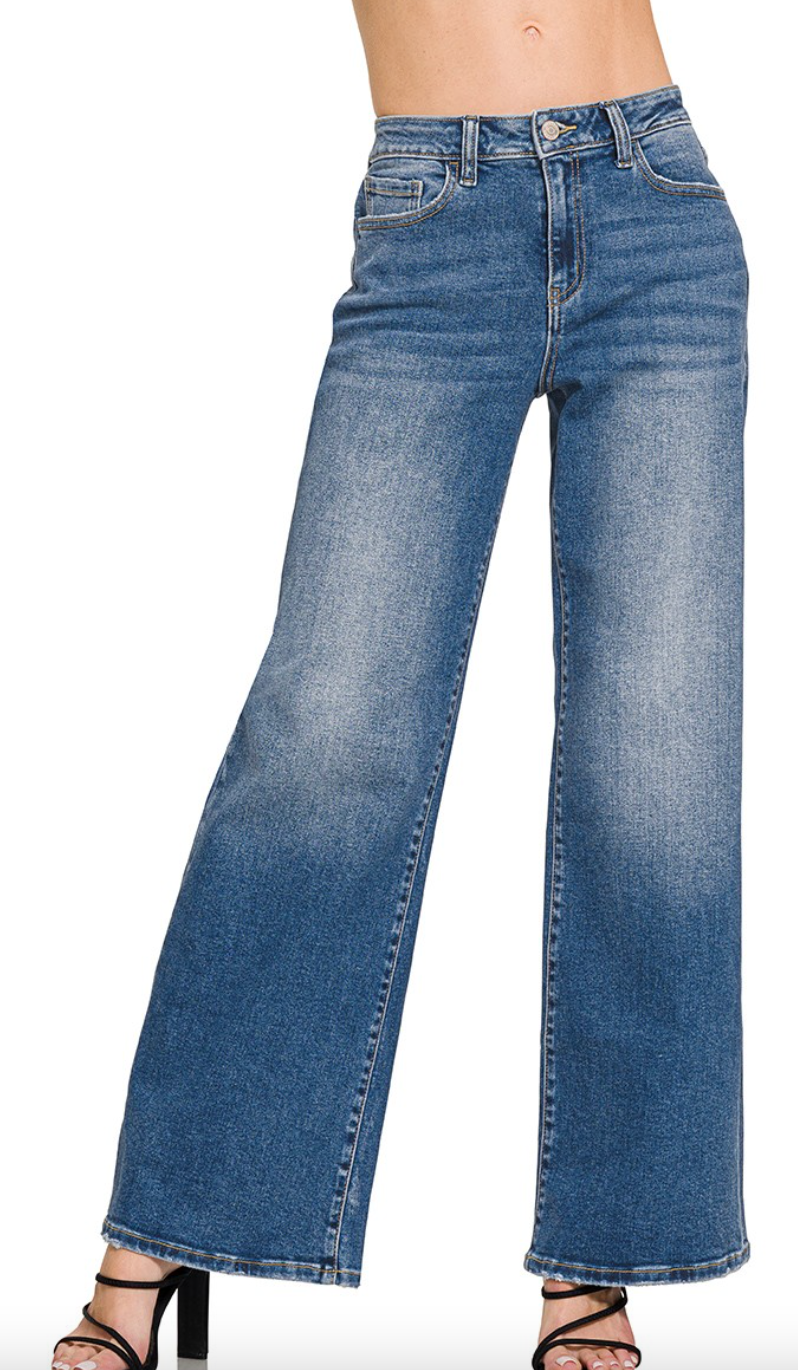 High Waist Straight Leg Medium Wash Denim Pants