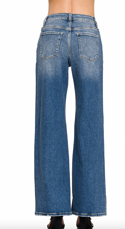 High Waist Straight Leg Medium Wash Denim Pants