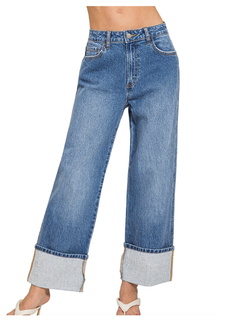 High Rise Cuffed Wide Leg Denim Pants