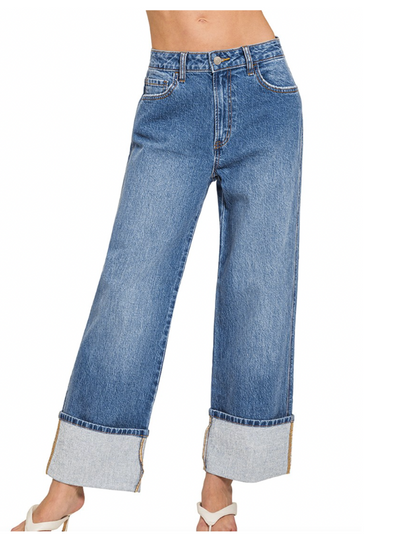 High Rise Cuffed Wide Leg Denim Pants