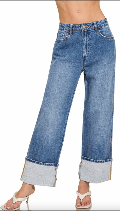 High Rise Cuffed Wide Leg Denim Pants