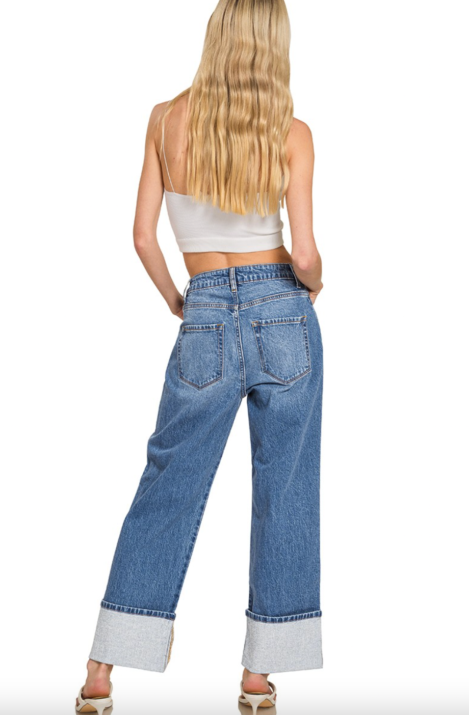 High Rise Cuffed Wide Leg Denim Pants