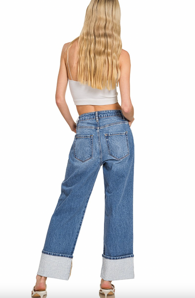 High Rise Cuffed Wide Leg Denim Pants