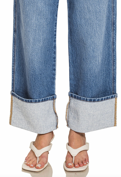 High Rise Cuffed Wide Leg Denim Pants