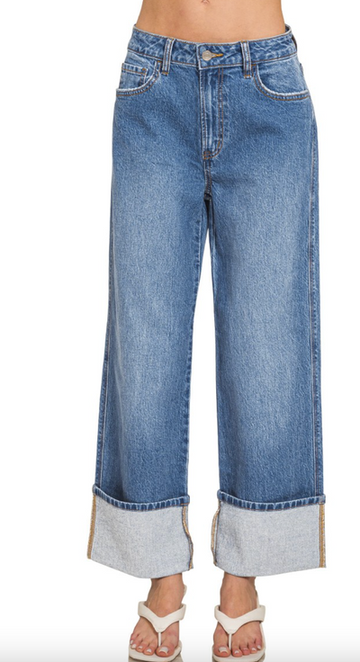 High Rise Cuffed Wide Leg Denim Pants