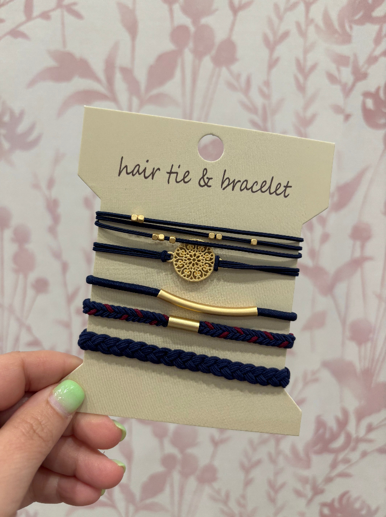 Boho Knot Bracelet Hair Tie Set | Navy